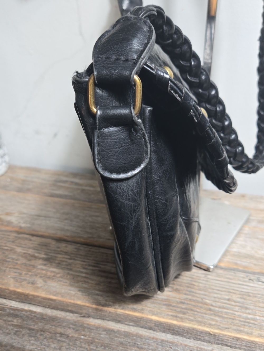 Black Studded Leather Saddle Braided Crossbody Bag - Picture 5 of 10